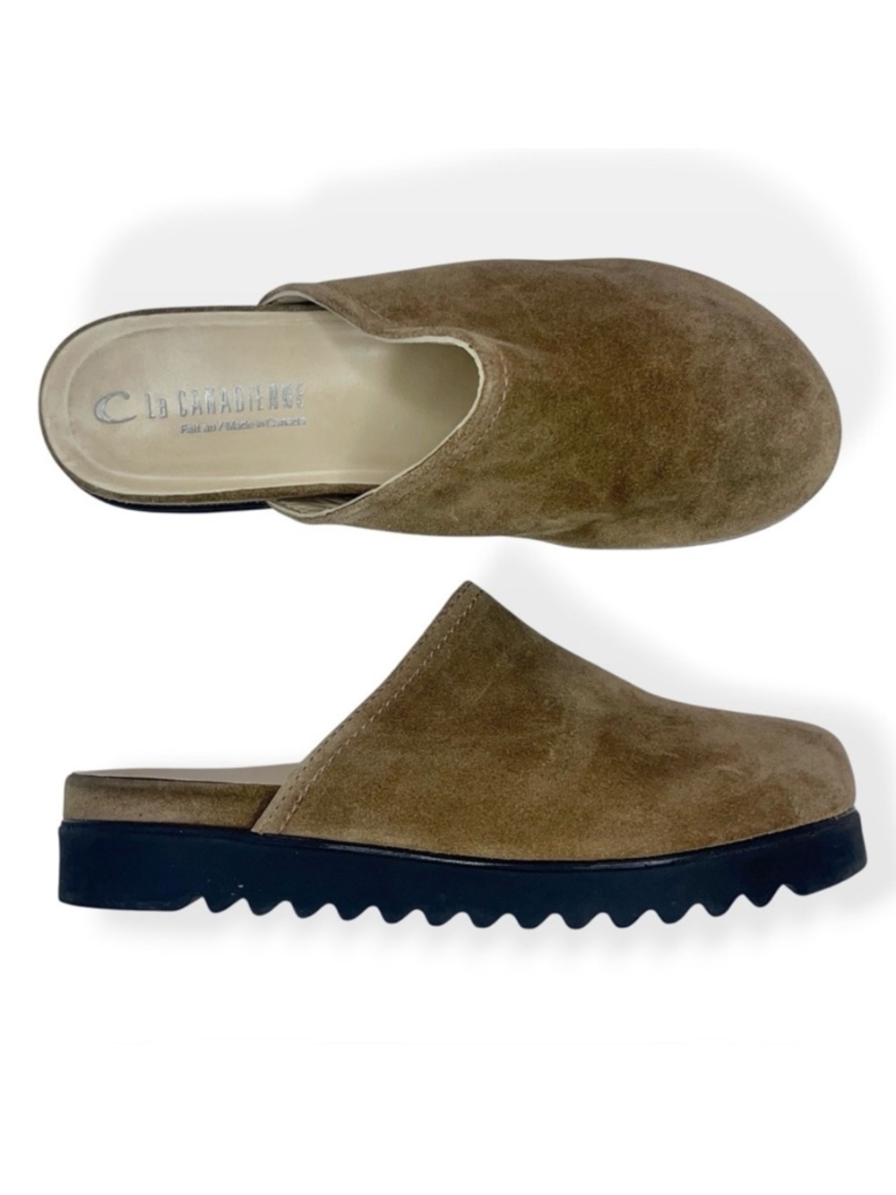 La CANADIENNE Brown Suede Chunky Lug Sole Round Toe Slip On Mules Clogs 8